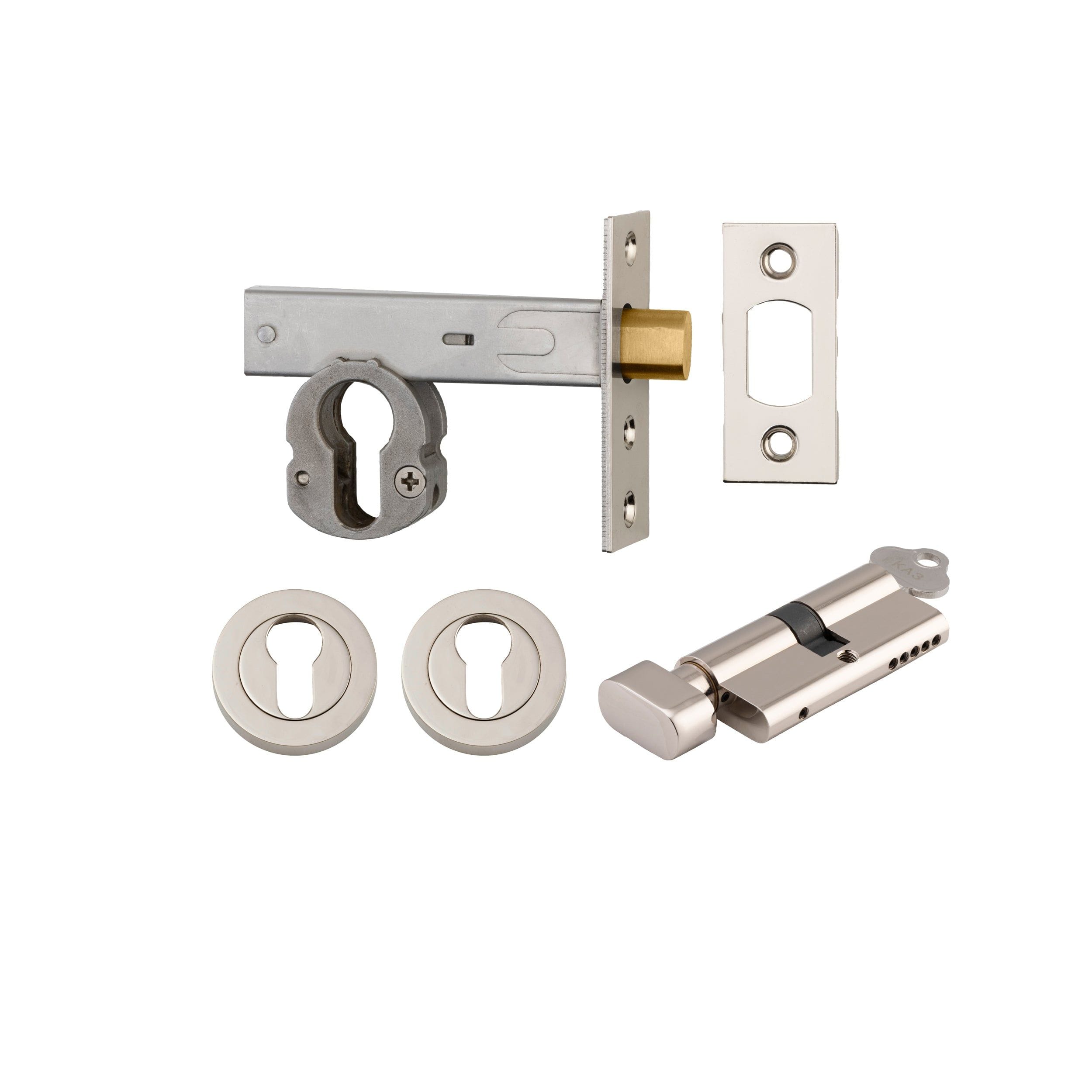 Euro Mortice Deadbolt Polished Nickel Key/Thumb Escutcheon Round Kit