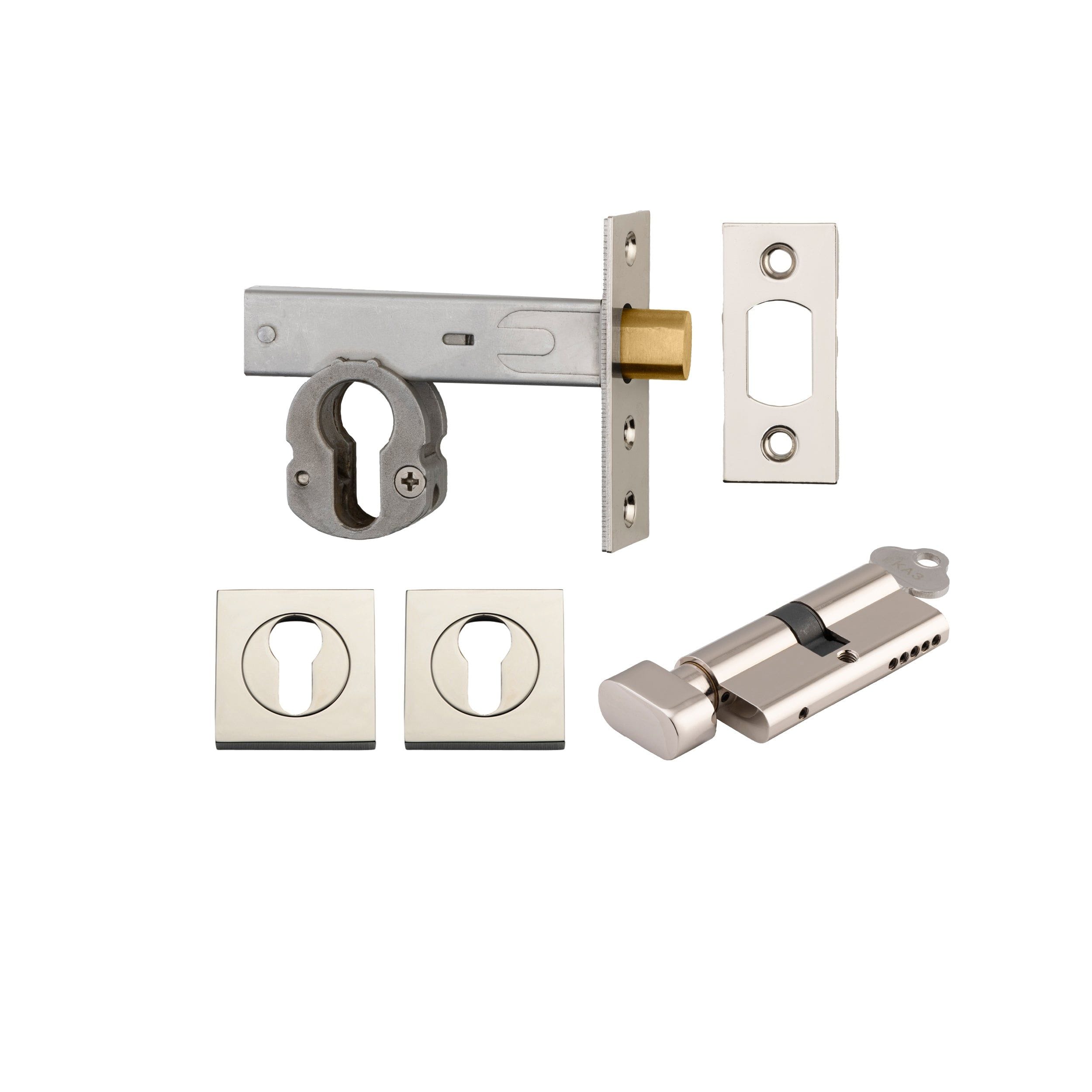 Euro Mortice Deadbolt Polished Nickel Key/Thumb Escutcheon Square Kit