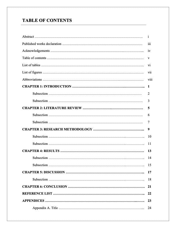 Example of a Table of Contents