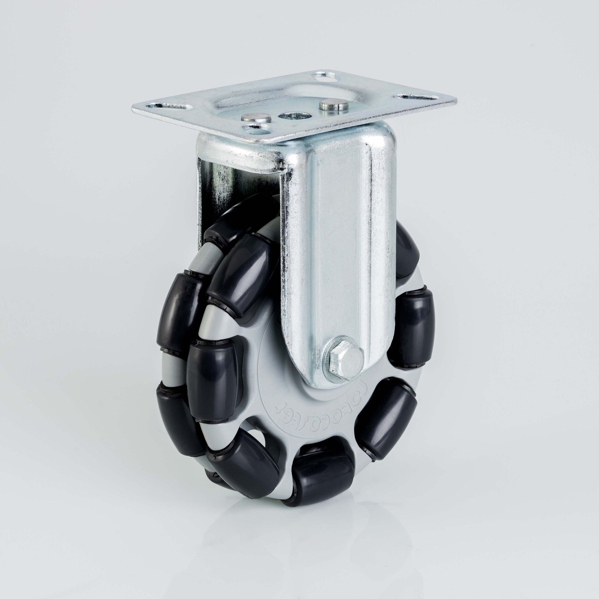 125mm Omni Wheel - Double Polyurethane Roller / Rotacaster Formed Mount (with top plate)