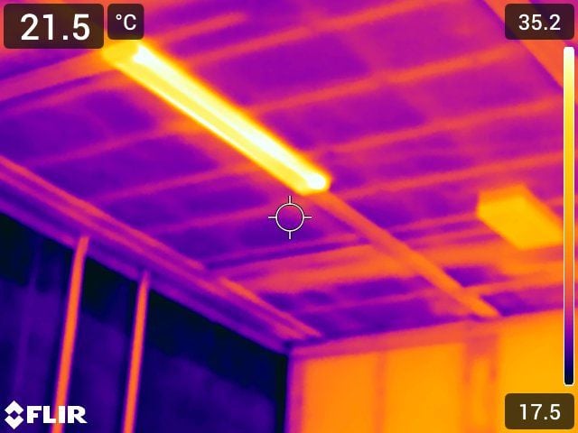 An image through the FLIR thermal imaging camera inspecting for cooler (possibly wetter) areas in voids