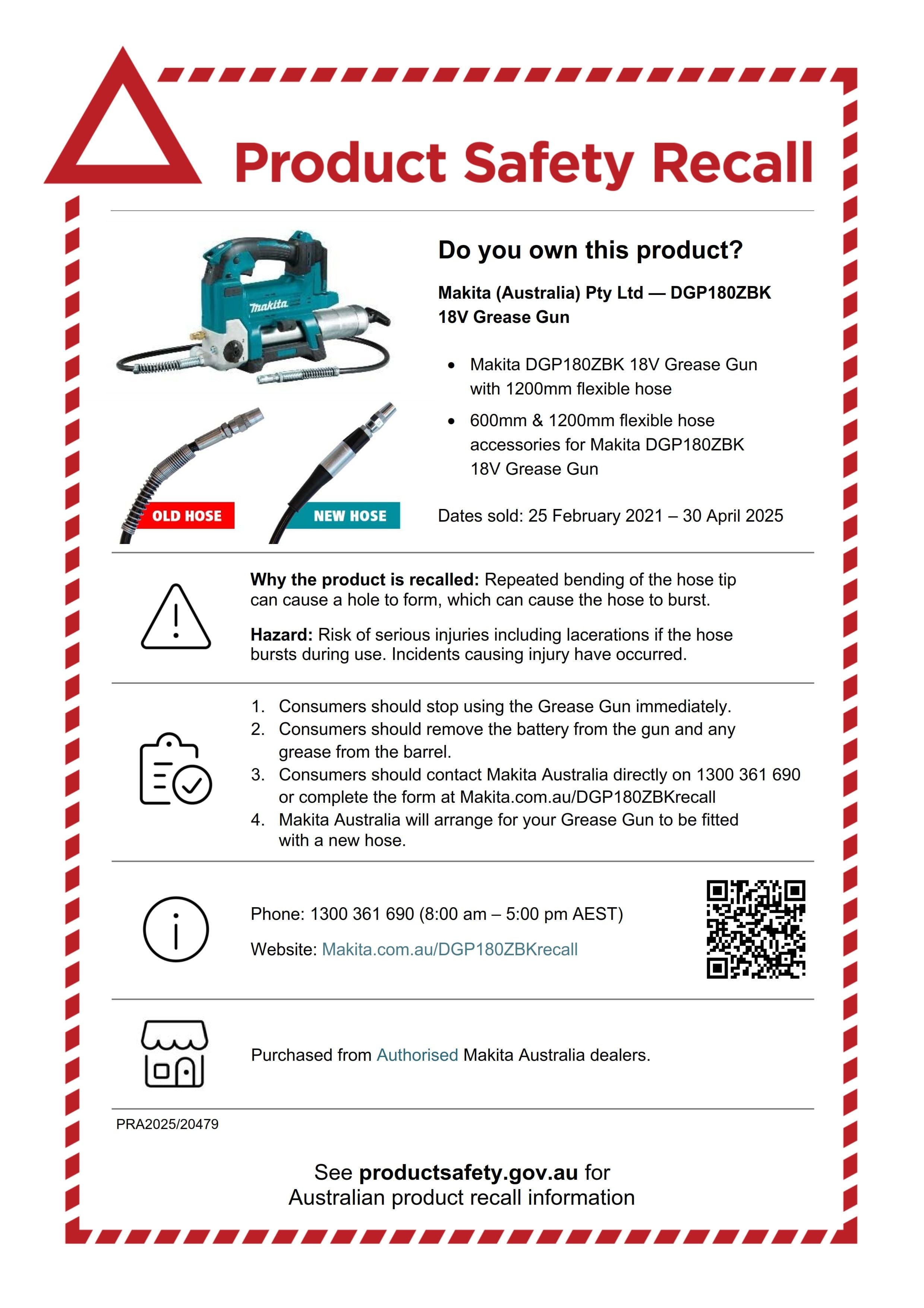 Makita Grease Gun Recall Notice details