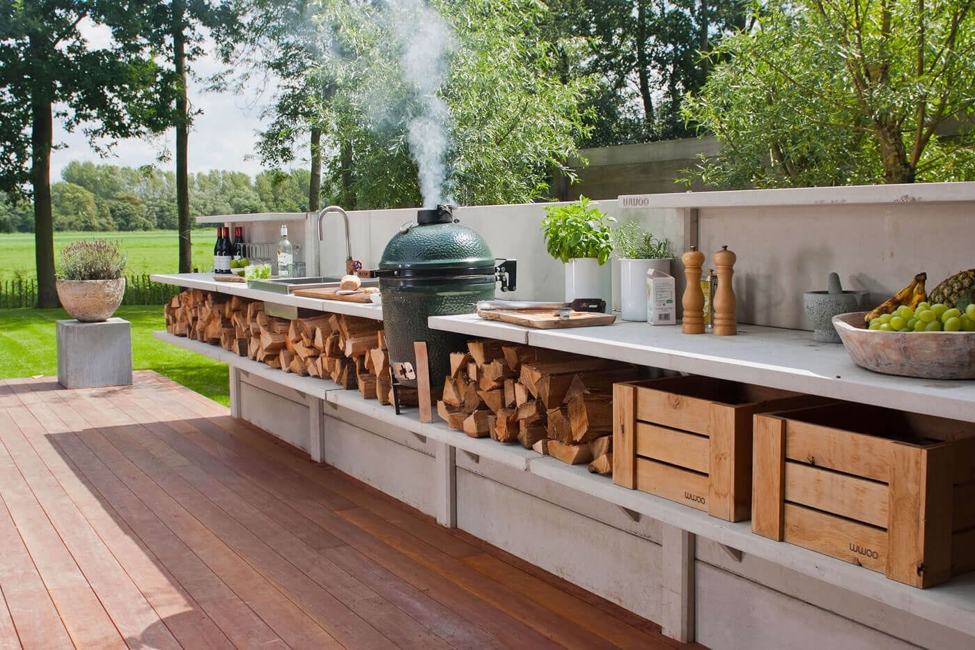 Built-In Deck + Storage Shelves Outdoor Kitchen | Trimatrix Construction Inc.