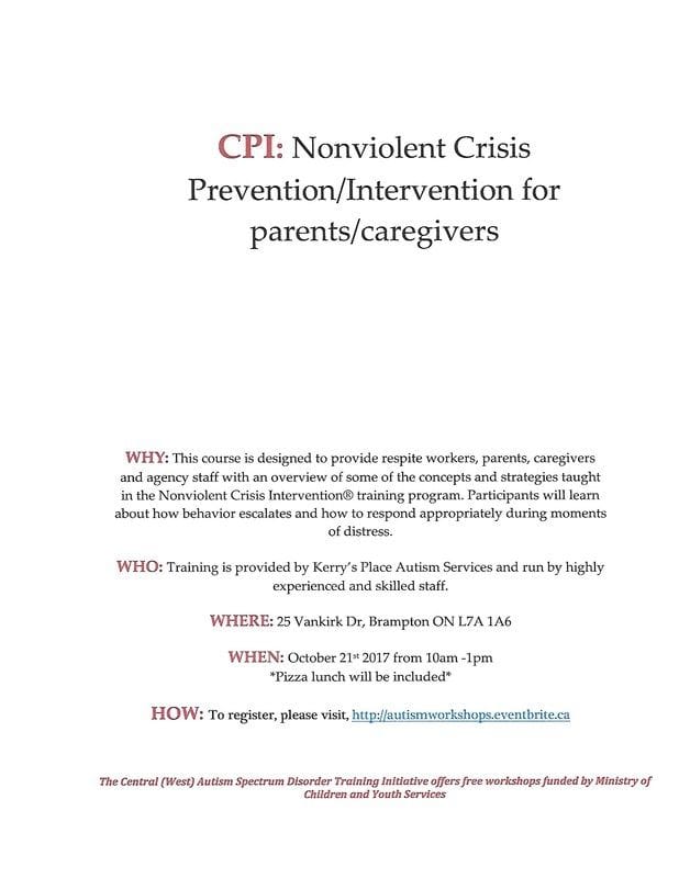 Coming Oct. 21 2017: CPI training for Parents and Caregivers
