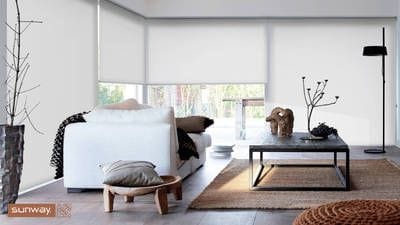 White translucent fabric, Sunway Roller Blinds, living area, interior design, stylish window treatments