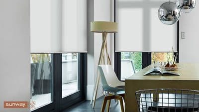 Sunway Roller Blinds - Elements Translucent Mermet White Elements Translucent fabric, Quantum Roller Blind, large doors, dining area leading to the alfresco. Perth blinds.