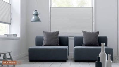 Sunway Cellular Blind, Top Down Bottom Up application, Top Down application, living room setting. Minimal light gaps, noise reduction, thermal properties, save energy, energy efficiency, Perth Blinds.
