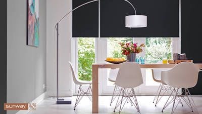 Sunway Roller Blind - Elements Block Out Sunway Elements Midnight Blockout Roller Blind, dramatic effect in dining area, monochrome, window covering, manufactured in Perth, Australia made.