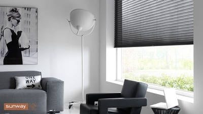 Sunway Cellular Blind, black sheer/Transparence fabric, minimal light gaps, Bottom Up application, Australian made, monochrome look