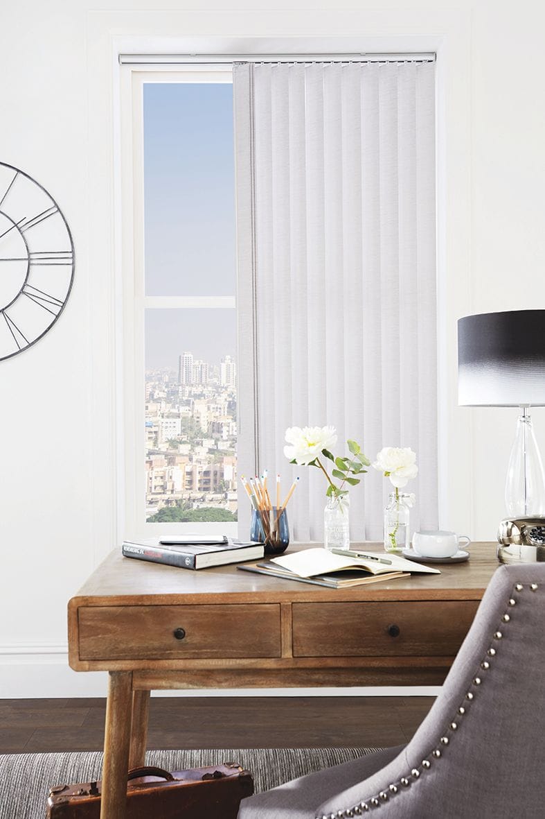 Vertical Blinds So-Lux Blinds, Metro Collection vertical blinds, wand operated, block out fabric, filtering light, wand operation, office setting
