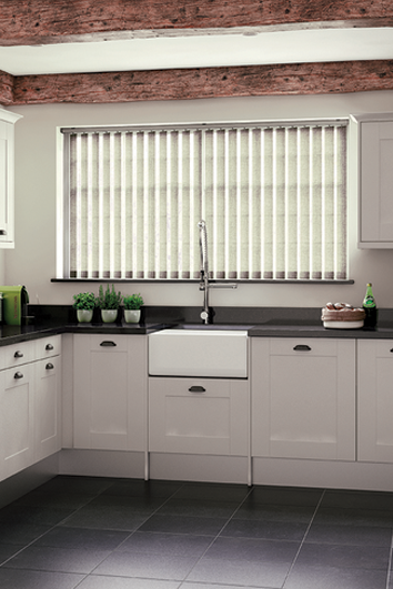 Vertical blinds, open, filtering light, translucent fabric in kitchen