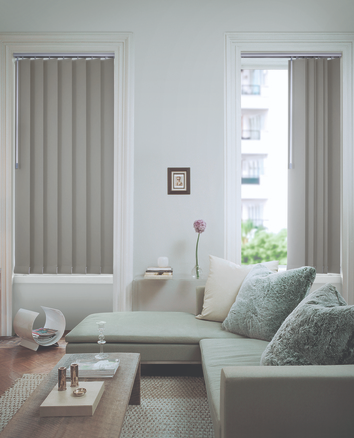 Deco Plus vertical blinds block out fabric in living area