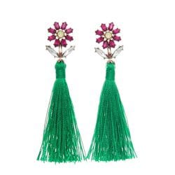 Crystal Flower & Green Silk Tassel Earrings
