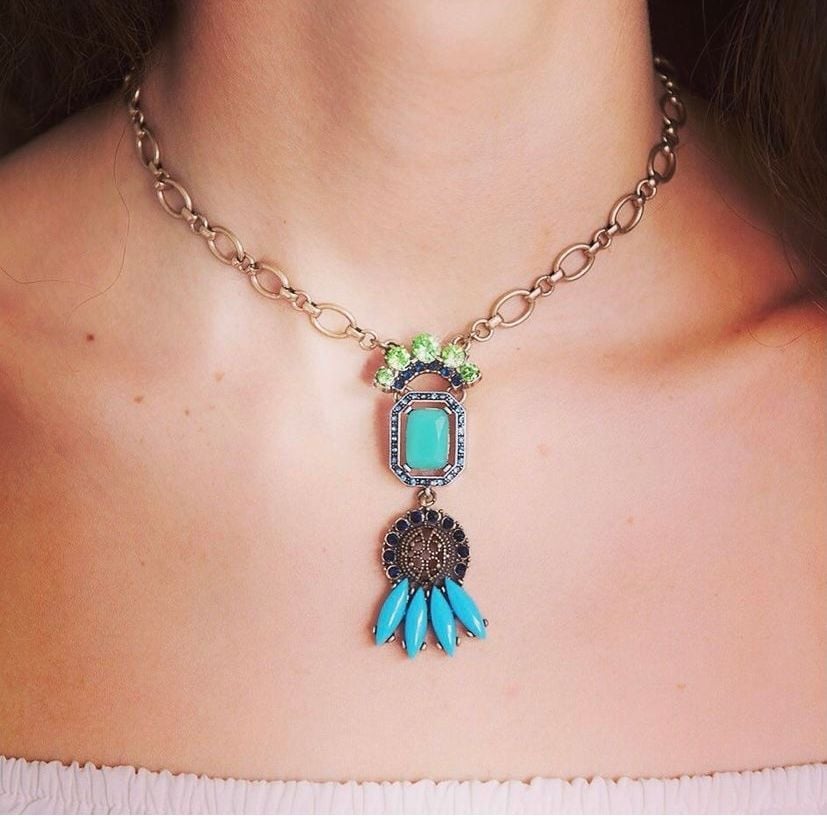 Blue Green Deco Drop Necklace