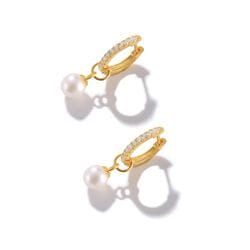 Gold CZ Pearl Huggie Earrings