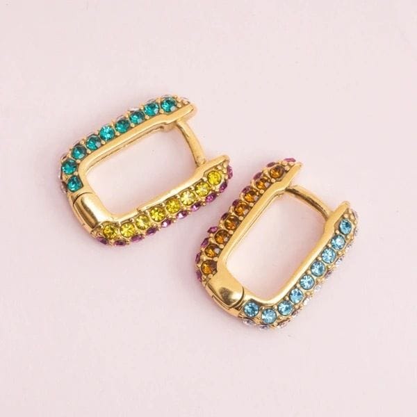 Oblong Rainbow CZ Hoop Earrings