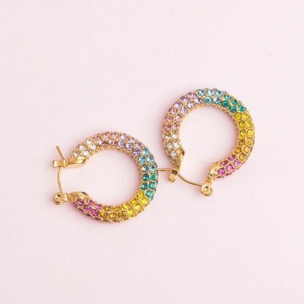 Large Round Rainbow CZ Hoop Earrings