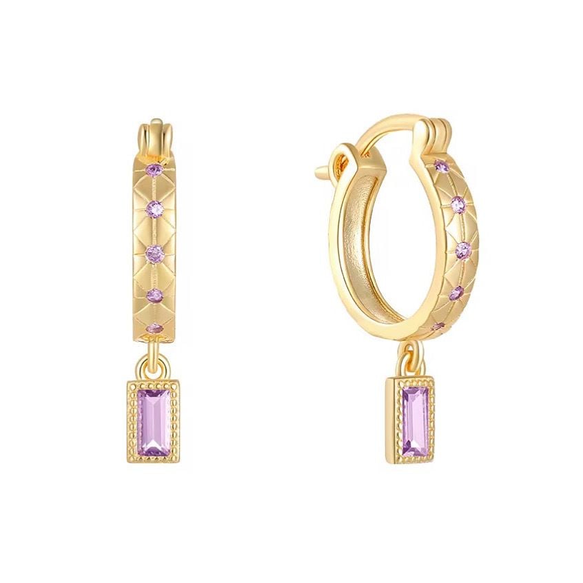 Purple CZ Baguette Huggie Earrings