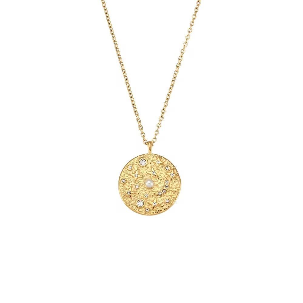 Moon & Stars Gold Disc Necklace