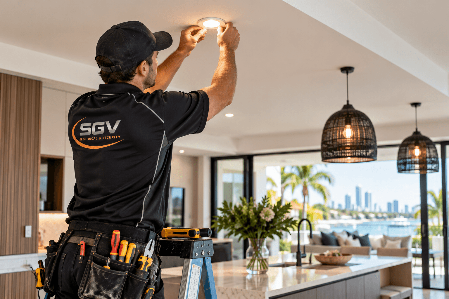 Residential Electrician Gold Coast Electrician installing LED downlights in a modern Gold Coast home