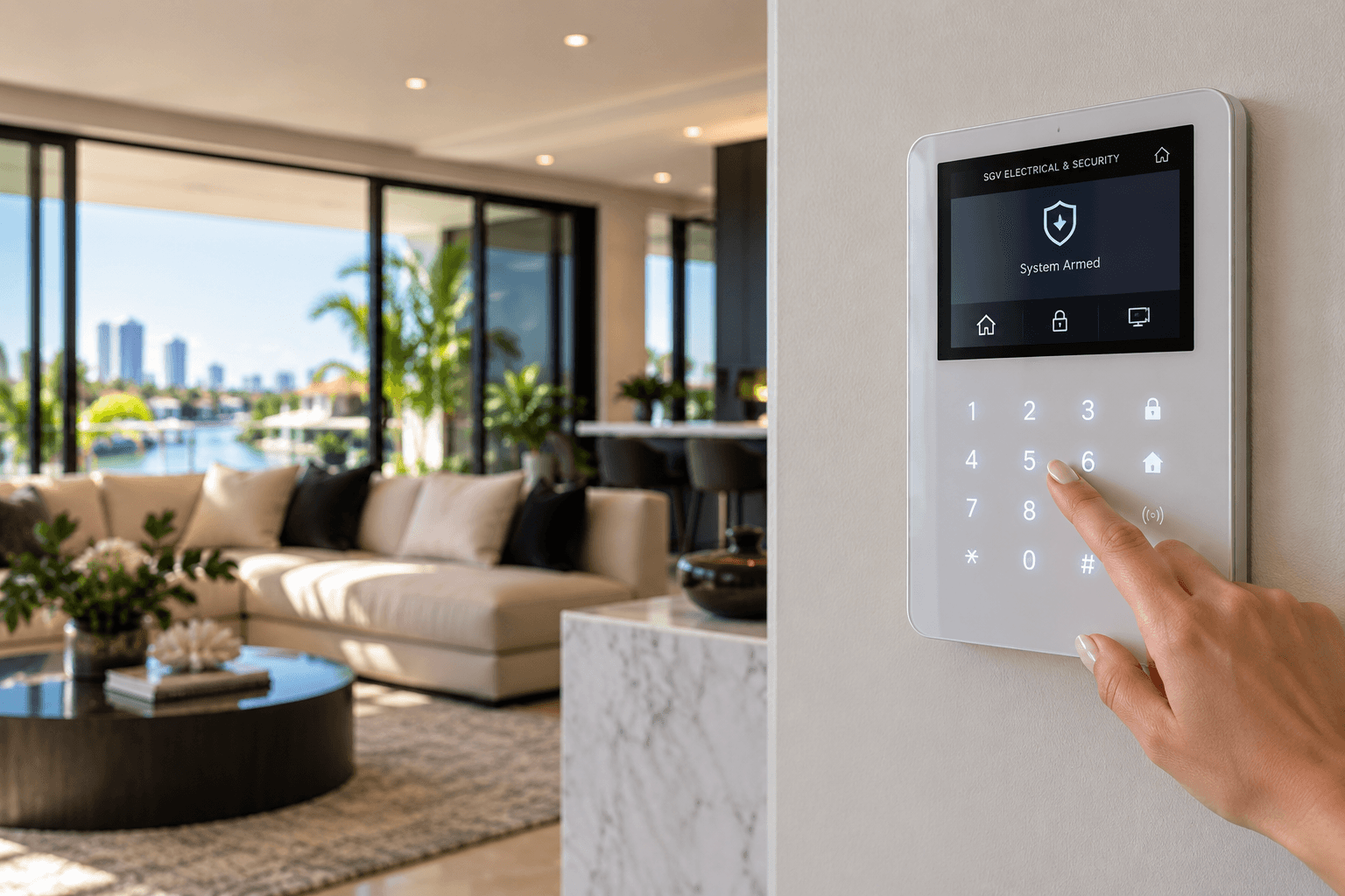 Home Alarm Systems Gold Coast Modern home security alarm keypad in a luxury Gold Coast residence