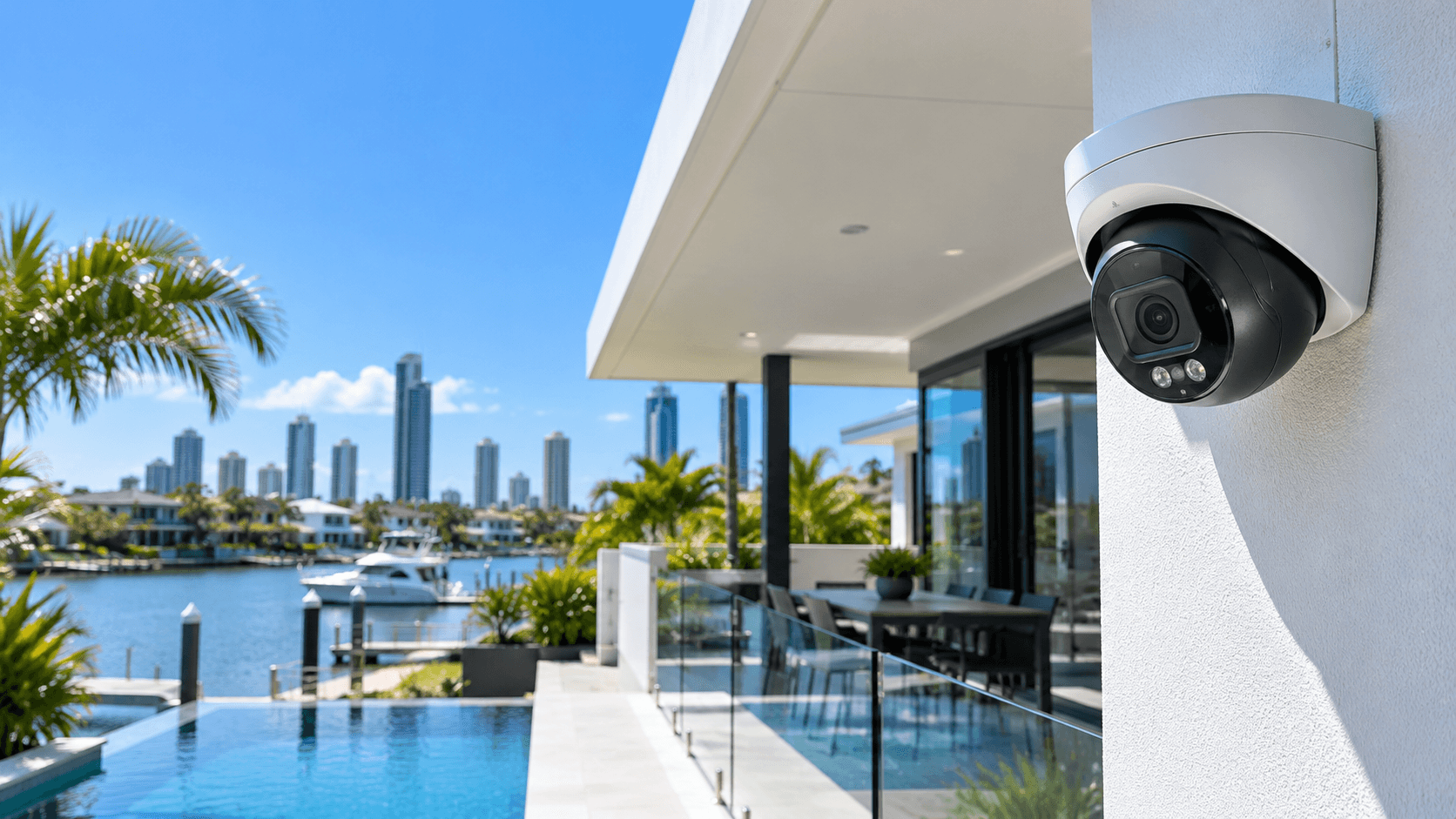 Home CCTV Installation Gold Coast Security camera installed on a modern Gold Coast waterfront home
