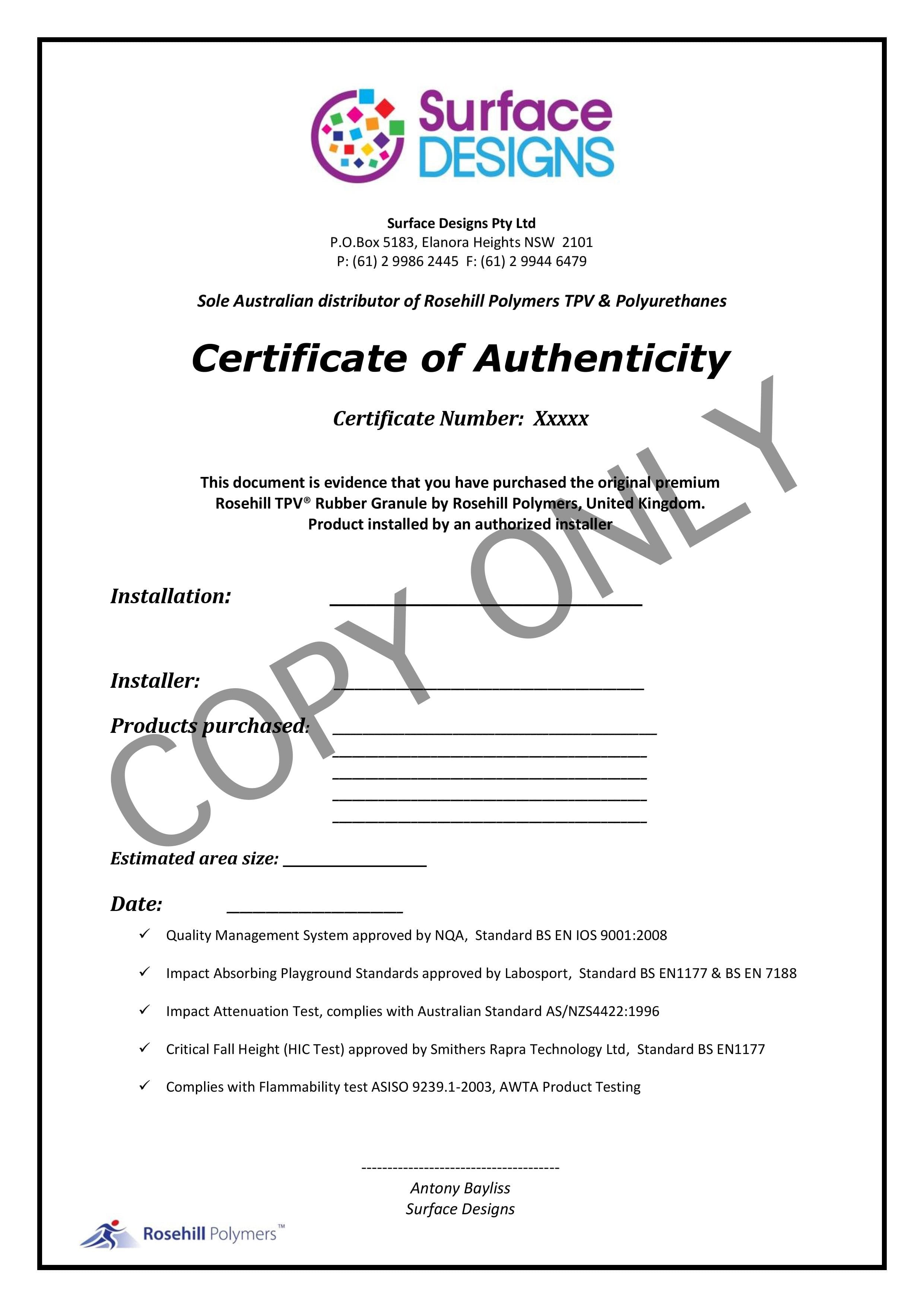 Rosehill TPV® Certificate of Authenticity