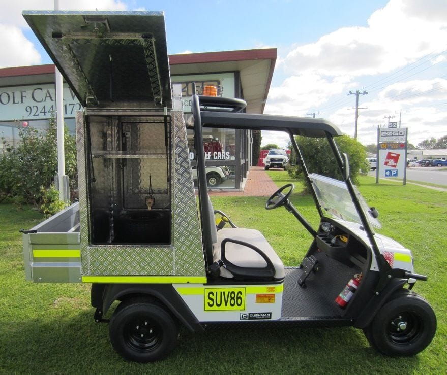 tradesman utility vehicle with enclosed lockable cabinet and ladder rack | golf car world | perth | western australia