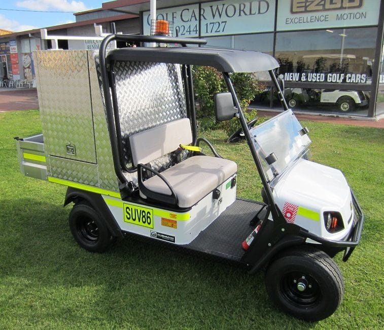 tradesman utility vehicle with enclosed lockable cabinet and ladder rack | golf car world | perth | western australia