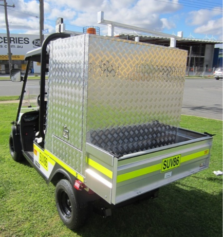 tradesman utility vehicle with enclosed lockable cabinet and ladder rack | golf car world | perth | western australia