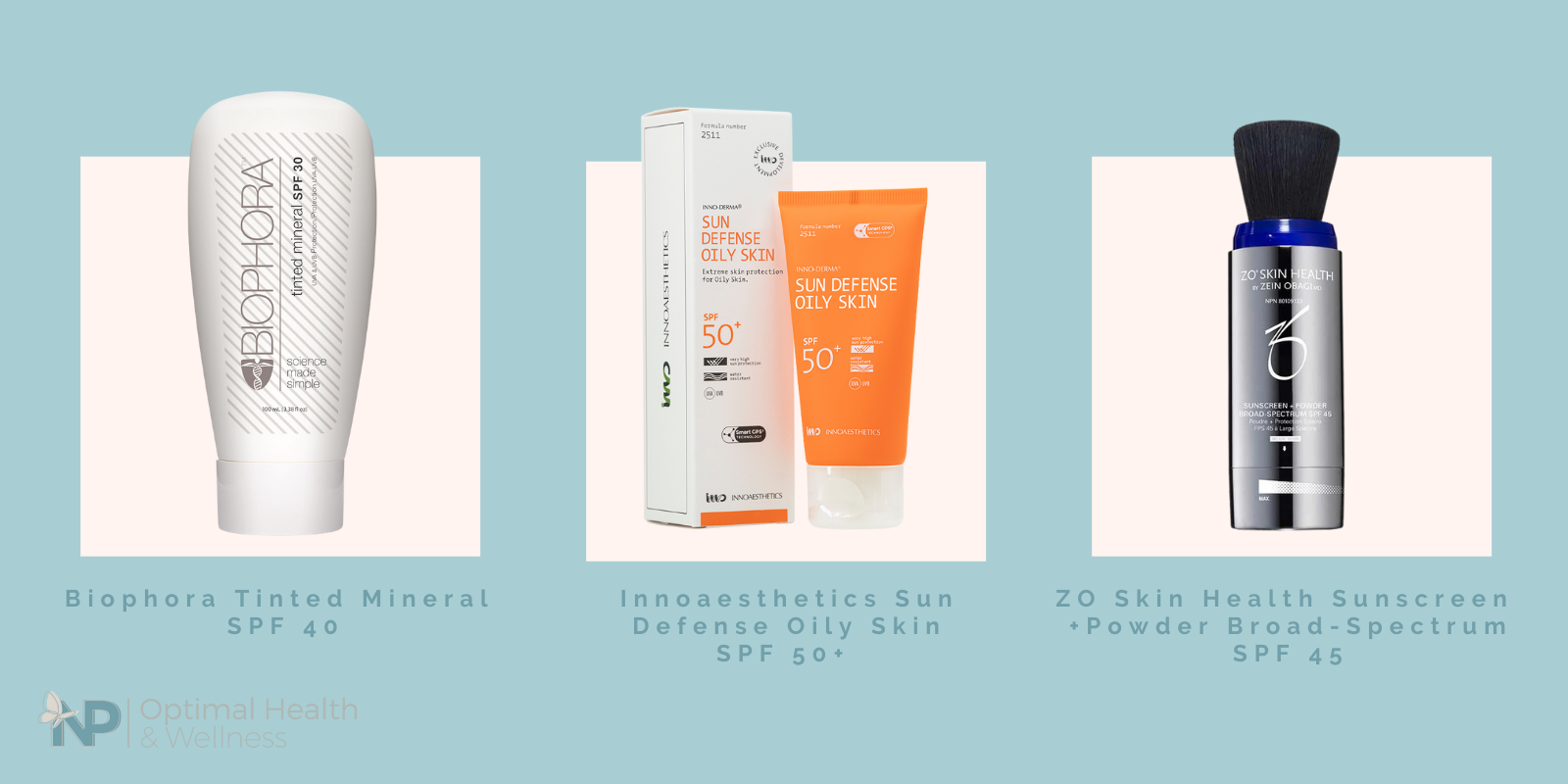 Three suncare products with their names listed underneath 