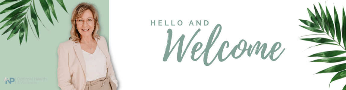 Woman smiling next to text Hello and Welcome