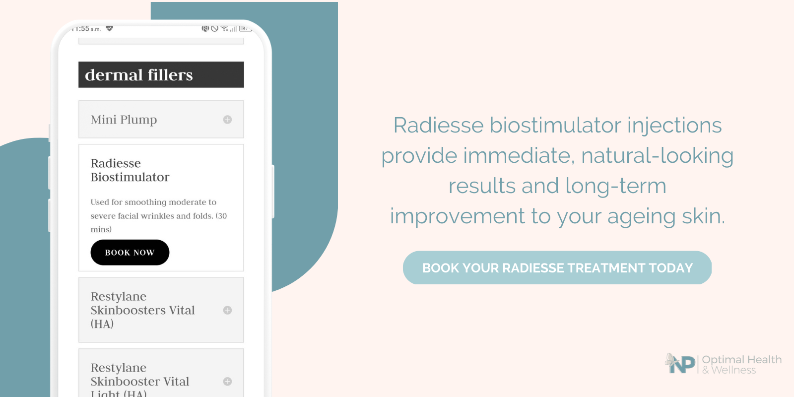 A graphic with a light pink background and blue arch shaes. A cell phone showing the booking app for a skin care treatment is on the left. On the right a block of text reads Radiesse biostimulator injections offer immediate, natural-looking results. 