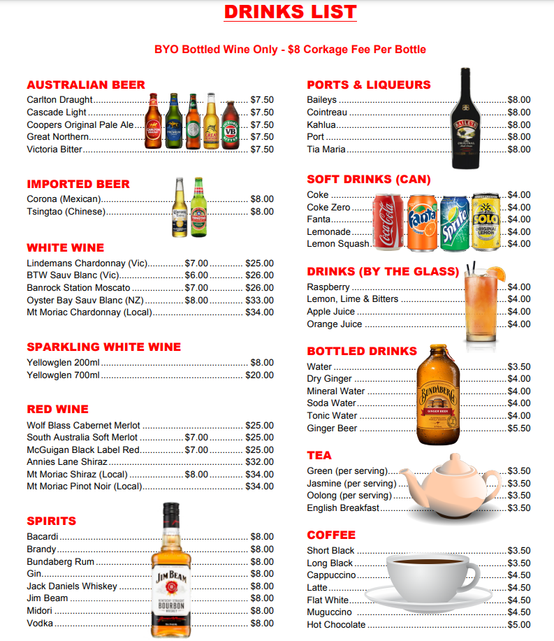 Rose Chinese Restaurant Anglesea Drinks Menu