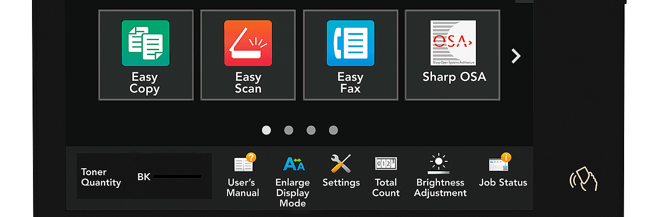 Cropped image of the User Interface/Control Panel on a Sharp Advanced Series MFP showing how it is simple and easy to use Cropped image of the User Interface/Control Panel on a Sharp Advanced Series MFP showing how it is simple and easy to use