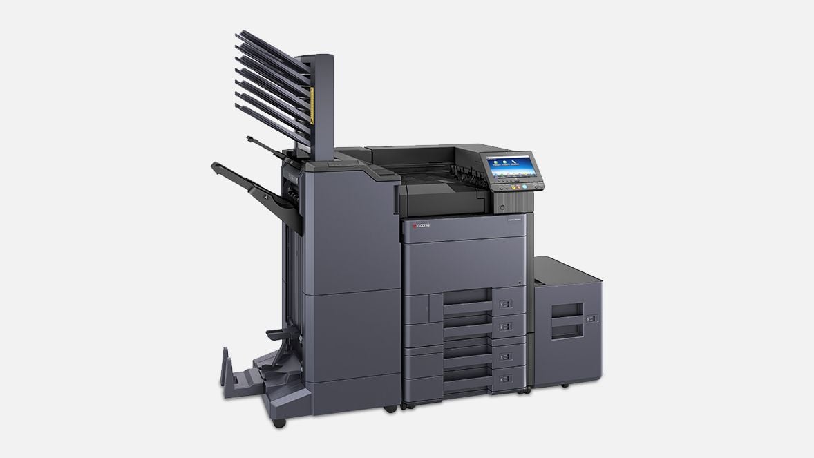 Offer your team next level productivity using the Kyocera ECOSYS P4060dn pictured here with the 4-tray configuration, large capacity paper tray and advanced finisher, including booklet maker, 4000 sheet capacity and 7 mailbox outputs too. Offer your team next level productivity using the Kyocera ECOSYS P4060dn pictured here with the 4-tray configuration, large capacity paper tray and advanced finisher, including booklet maker, 4000 sheet capacity and 7 mailbox outputs too.