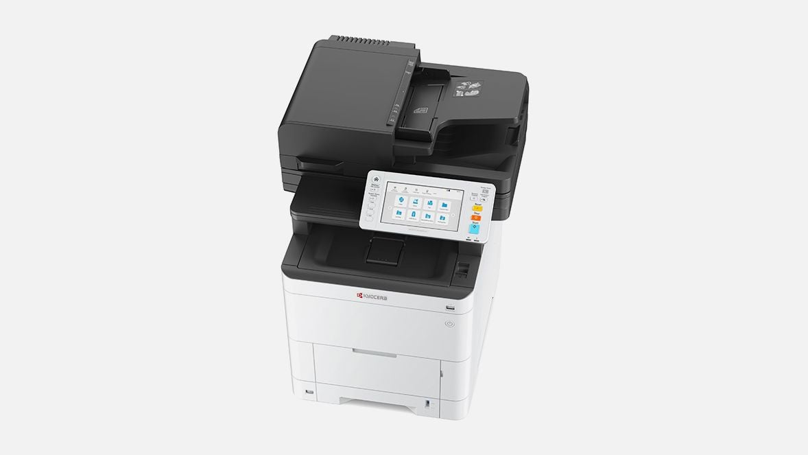 Featuring a top view of the ECOSYS MA4000cifx, reliable A4 Colour Multifunction Copier showing easy to use colour screen user interface and offering copy, print, fax and scan.
