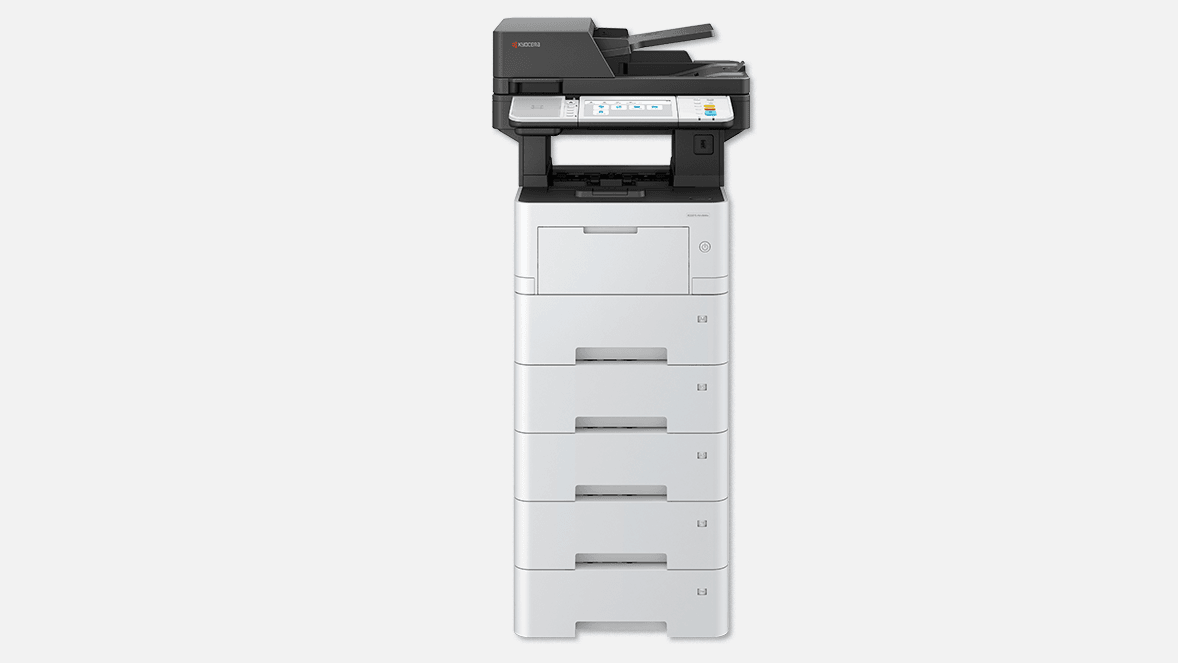 Kyocera ECOSYS MA5500ifx black and white desktop multifunction printer is a cost effective, robust solution for high volumes of monochrome printing., pictured here with 4 additional paper trays to provide multiple media options to users.