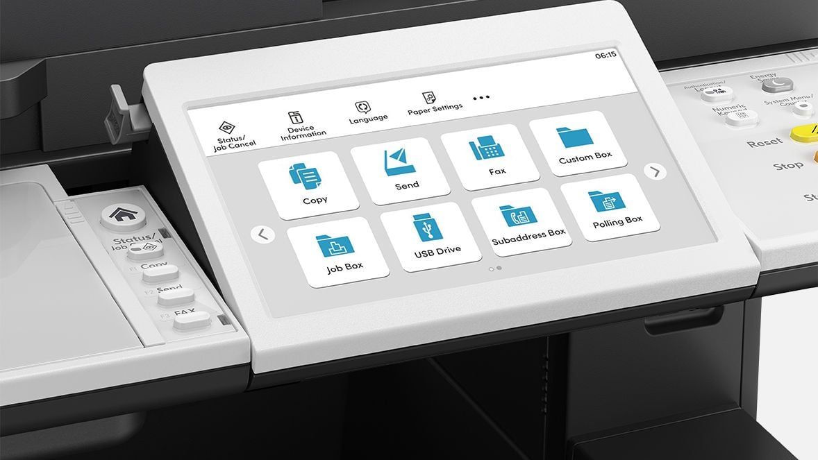 Kyocera ECOSYS MA5500ifx black and white desktop multifunction printer offers output speeds of 57 ppm, a robust design, low total cost of ownership, and as shown here, a tiltable screen for the user interface.