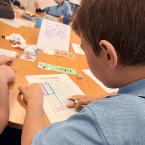 Students using hands-on materials and visual models to explore mathematical concepts and develop number sense.