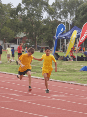 Teamwork and Sportsmanship in Action Student helping a peer during an athletics race showing teamwork and encouragement