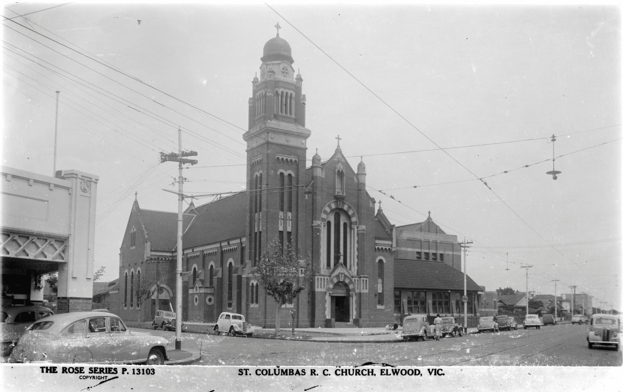 Historic black and white photograph of St Columba&rsquo;s Church and original school building in Elwood, early 1900s