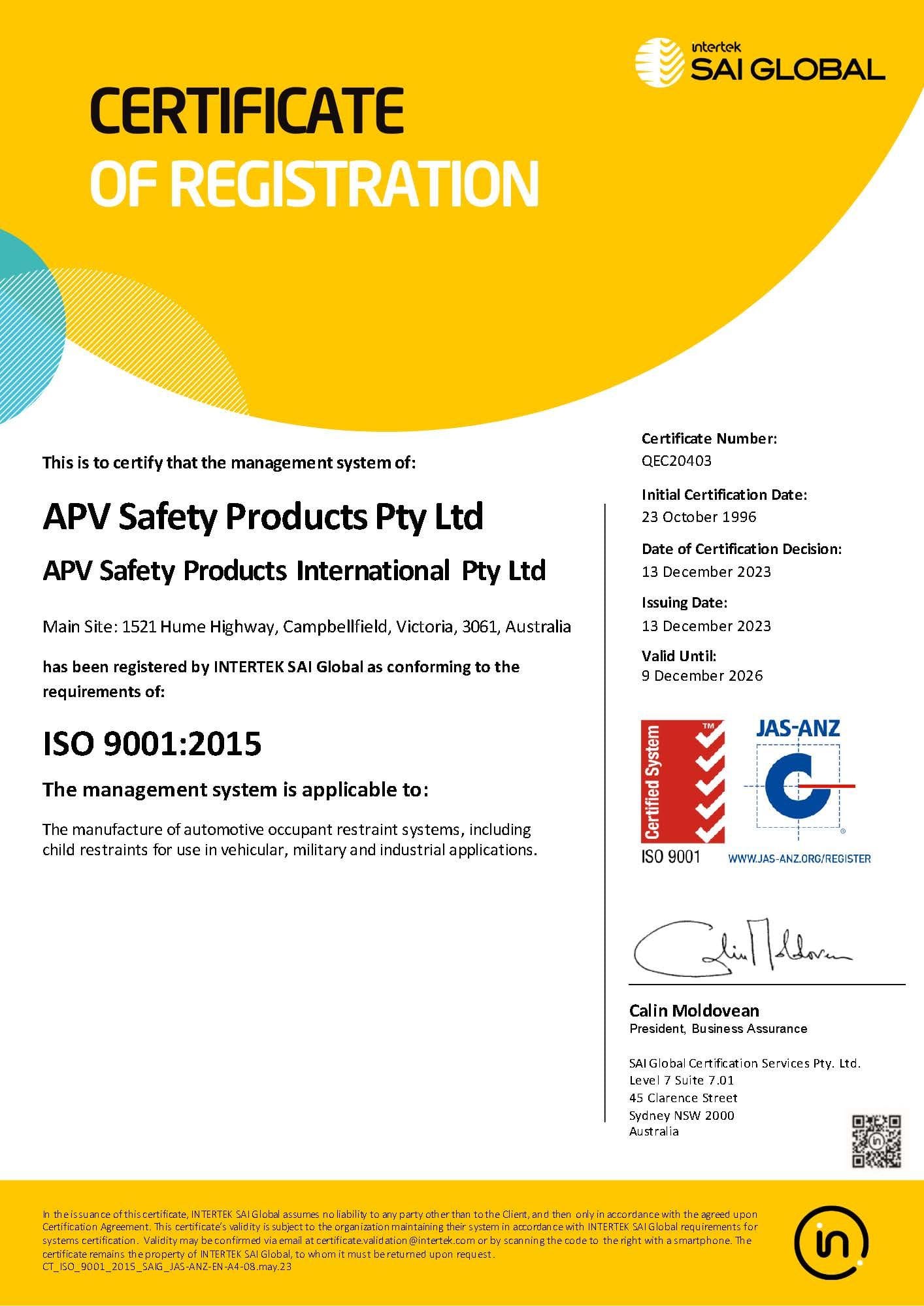 APV Safety Products ISO 9001:2015