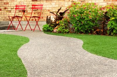 Landscaped lawn, garden and path