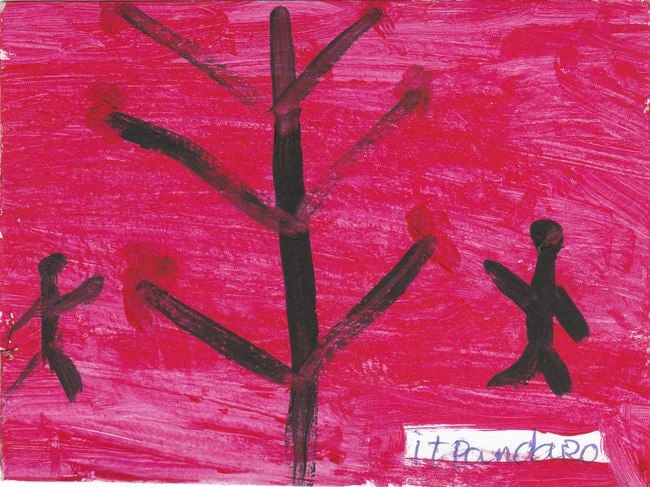 Two figures in red landscape  by Cambodian child.