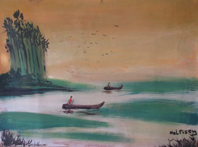 River scene from Cambodia, oil painting.