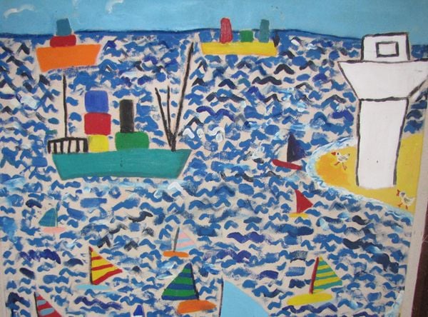 Early painting of sailing boats and ships with lighthouse.